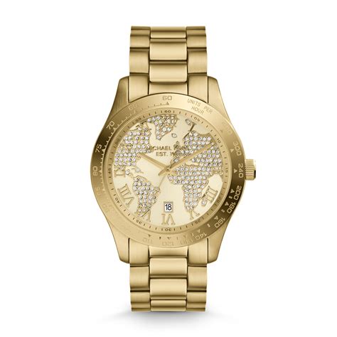 michael kors ladies layton gold tone world map watch|Michael Kors Layton Watch Pave.